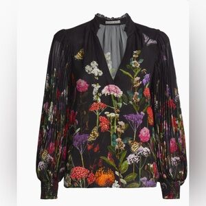Alice + Olivia Ilan Pleated Floral Print Blouse